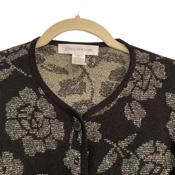 Jones New York Black Dark Floral Sweater Cardigan Size Medium Stretch Vintage - Picture 3 of 9